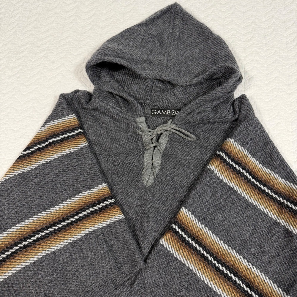 Gamboa Striped Alpaca Wool Poncho Unisex OS Gray Boho Hooded Fringe EUC